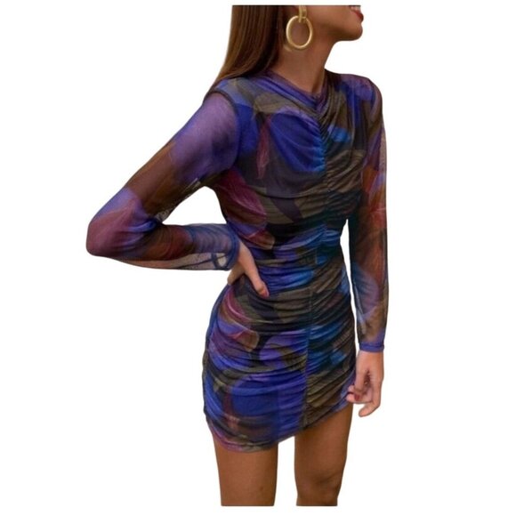 Zara Long Sleeve Mini Choker Ruched Size M Black Purple Mini Dress